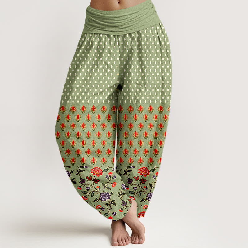 Nimara Ritual Cotton Dots Red Purple Flower Pattern Women's Elastic Waist Harem Pants