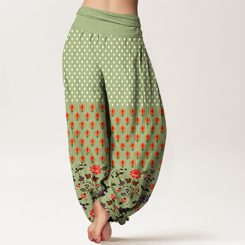 Nimara Ritual Cotton Dots Red Purple Flower Pattern Women's Elastic Waist Harem Pants