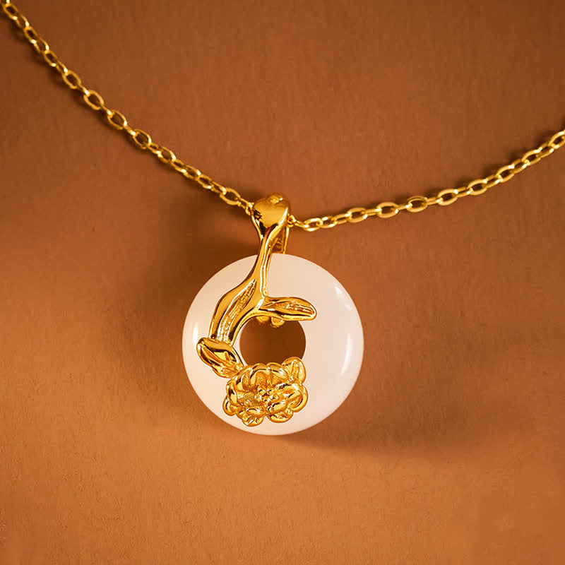 Nimara Ritual 925 Sterling Silver Peony Peace Buckle Hetian White Jade Blessing Necklace Pendant