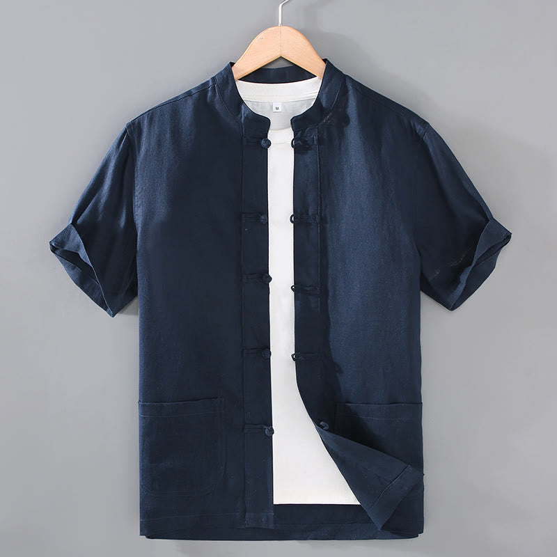 Nimara Ritual Vintage Plain Tang Suit Chinese Frog-Button Men's Shirt With Pockets