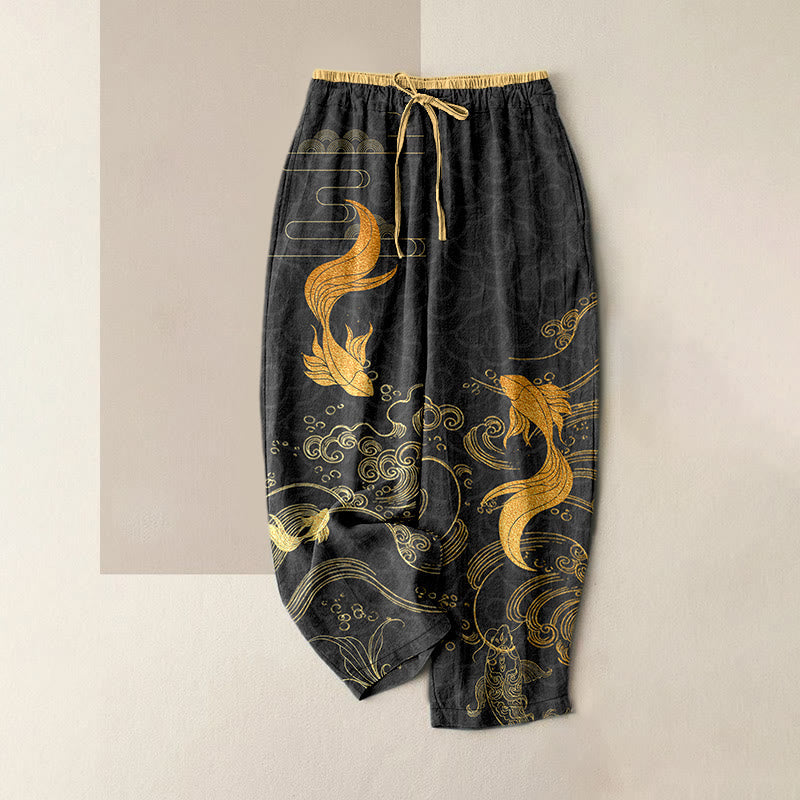 Nimara Ritual Pure Cotton Koi Fish Wave Pattern Women's Elastic Waist Pants With Pockets