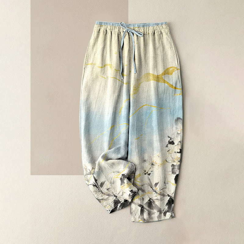 Nimara Ritual Pure Cotton Ink Flower Golden Lines Pattern Women's Elastic Waist Pants With Pockets
