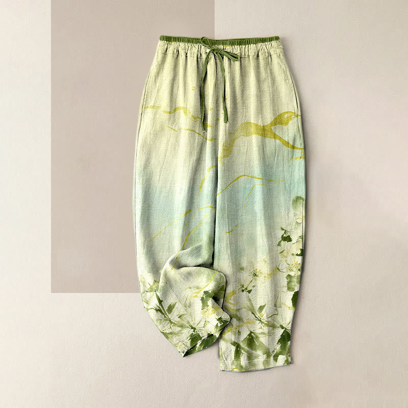 Nimara Ritual Pure Cotton Ink Flower Golden Lines Pattern Women's Elastic Waist Pants With Pockets