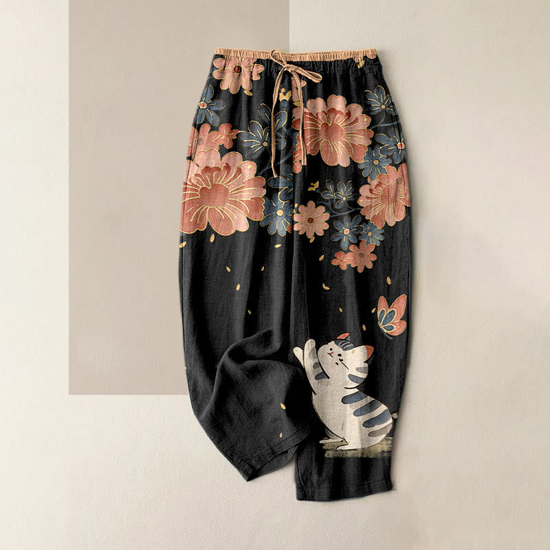 Nimara Ritual Pure Cotton Cat Butterfly Pink Blossom Pattern Women's Elastic Waist Pants With Pockets