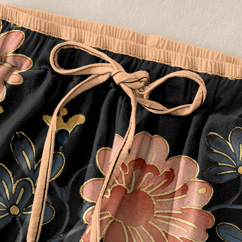 Nimara Ritual Pure Cotton Cat Butterfly Pink Blossom Pattern Women's Elastic Waist Pants With Pockets