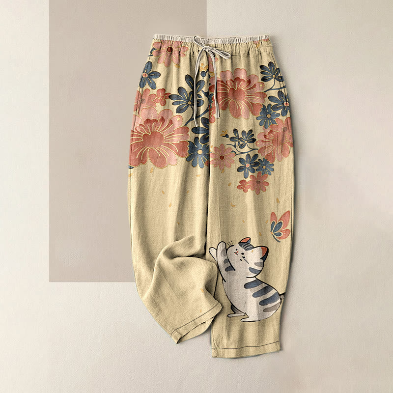 Nimara Ritual Pure Cotton Cat Butterfly Pink Blossom Pattern Women's Elastic Waist Pants With Pockets