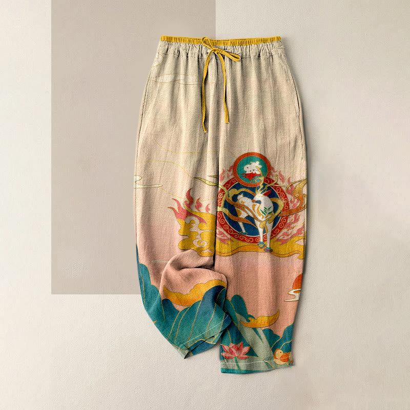 Nimara Ritual Pure Cotton Deer Mountain Lotus Pattern Women's Elastic Waist Pants With Pockets