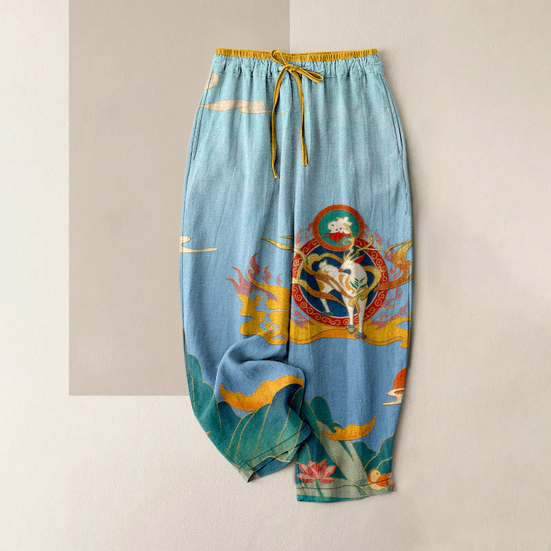 Nimara Ritual Pure Cotton Deer Mountain Lotus Pattern Women's Elastic Waist Pants With Pockets