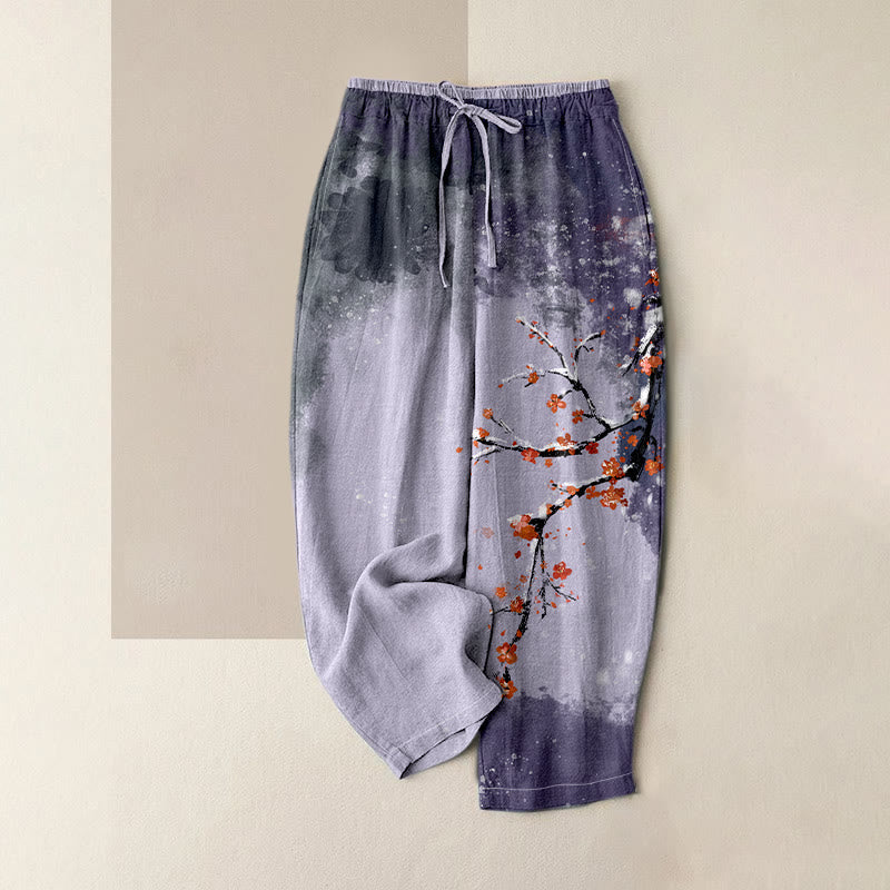 Nimara Ritual Pure Cotton Plum Blossom Snow Pattern Women's Elastic Waist Pants With Pockets