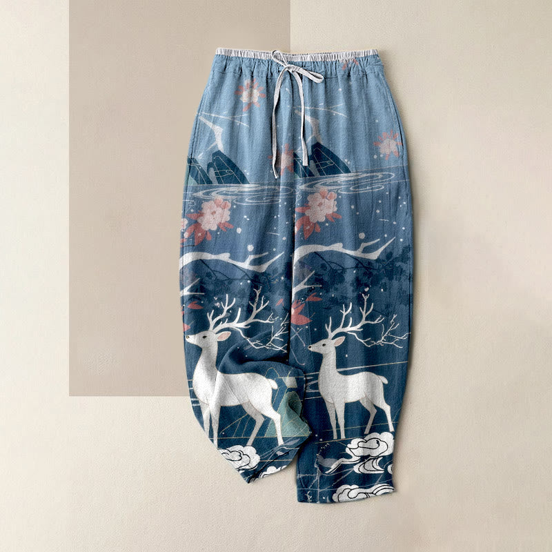 Nimara Ritual Pure Cotton Pink Blossom Deer Mountain Pattern Women's Elastic Waist Pants With Pockets