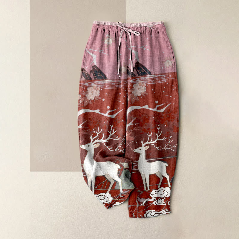 Nimara Ritual Pure Cotton Pink Blossom Deer Mountain Pattern Women's Elastic Waist Pants With Pockets