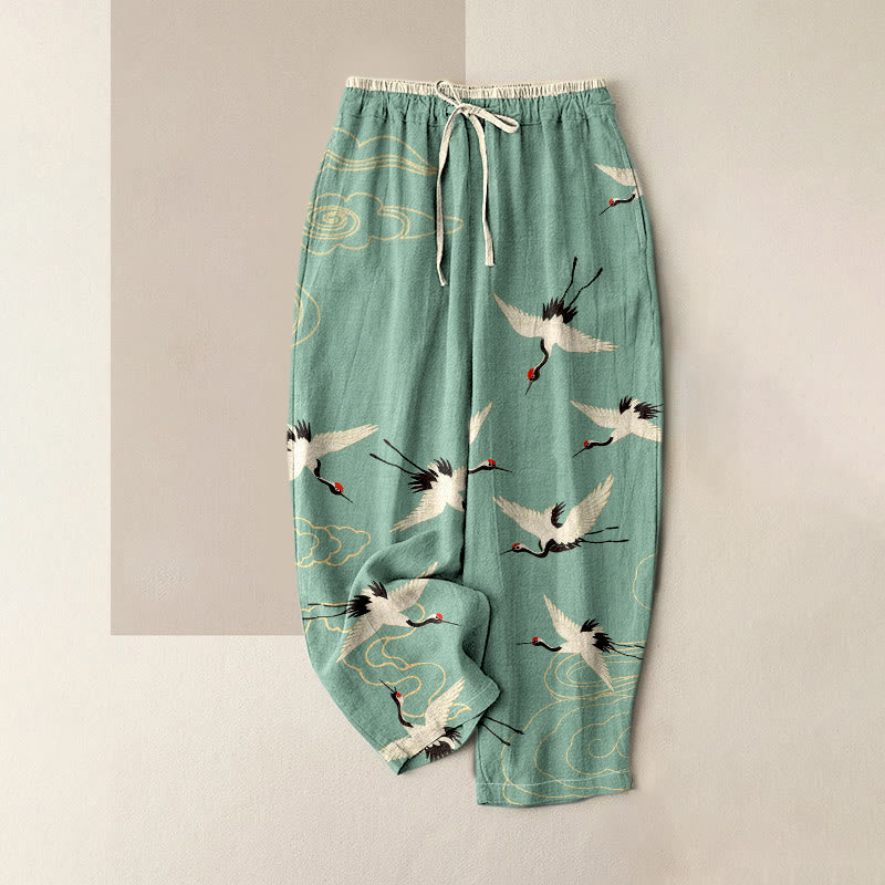 Nimara Ritual Pure Cotton Crane Cloud Pattern Women's Elastic Waist Pants With Pockets