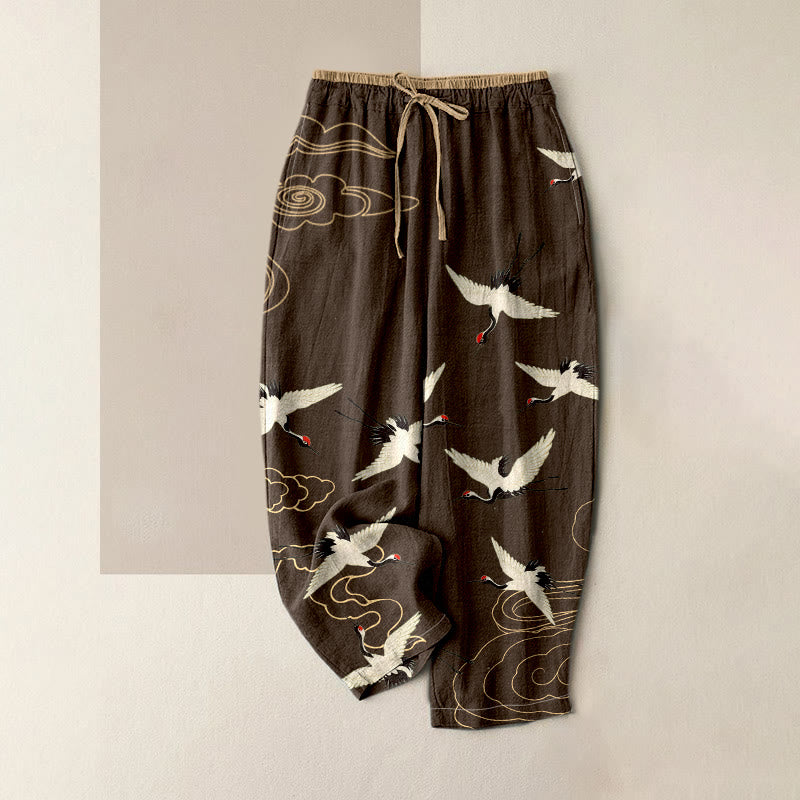 Nimara Ritual Pure Cotton Crane Cloud Pattern Women's Elastic Waist Pants With Pockets