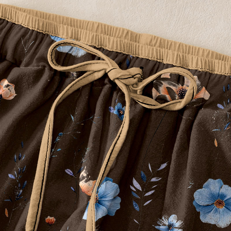 Nimara Ritual Pure Cotton Wildflower Peach Blossom Pattern Women's Elastic Waist Pants With Pockets
