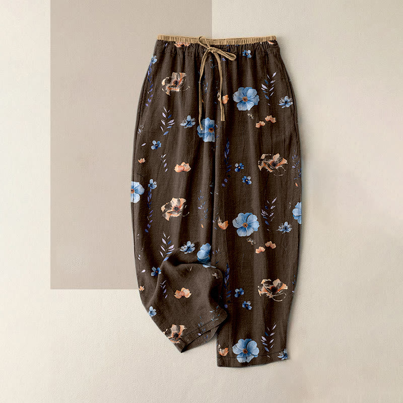 Nimara Ritual Pure Cotton Wildflower Peach Blossom Pattern Women's Elastic Waist Pants With Pockets