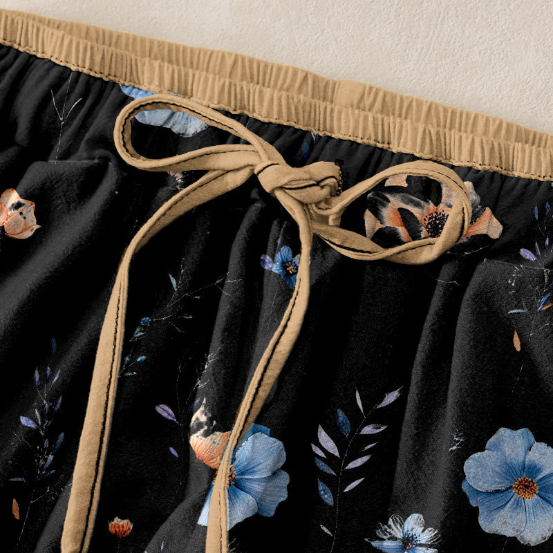 Nimara Ritual Pure Cotton Wildflower Peach Blossom Pattern Women's Elastic Waist Pants With Pockets