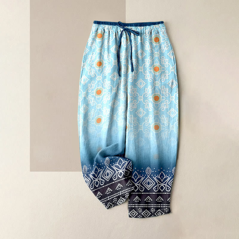 Nimara Ritual Pure Cotton Geometric Diamond Motifs Dots Pattern Women's Elastic Waist Pants With Pockets
