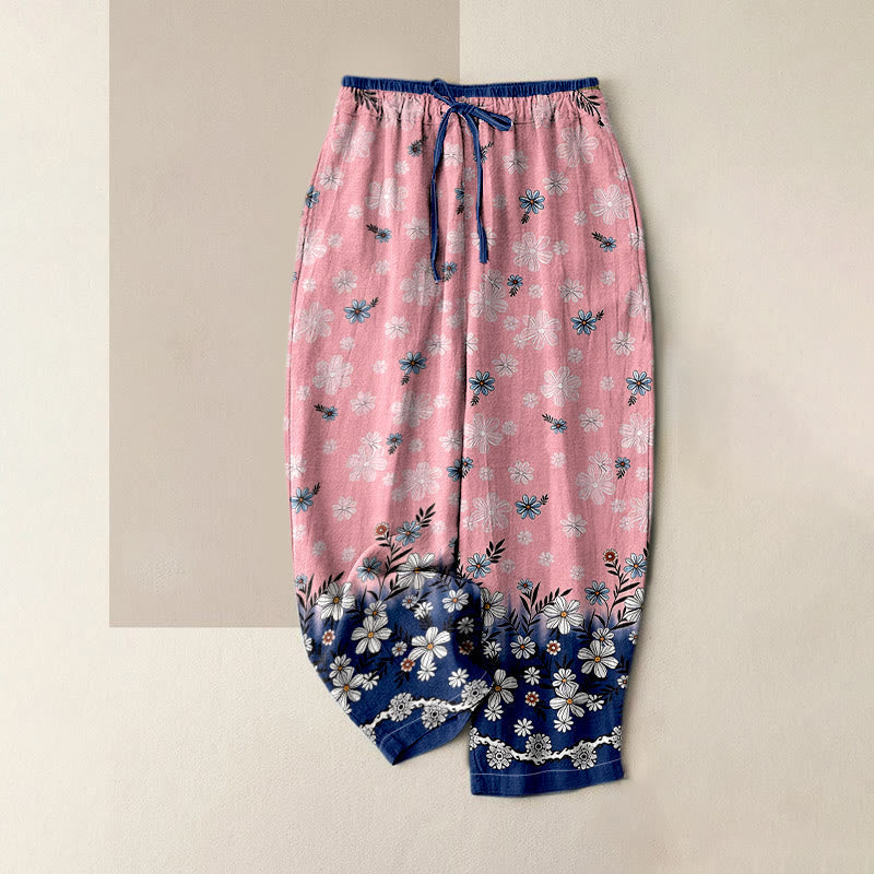 Nimara Ritual Pure Cotton Daisy Pattern Women's Elastic Waist Pants With Pockets