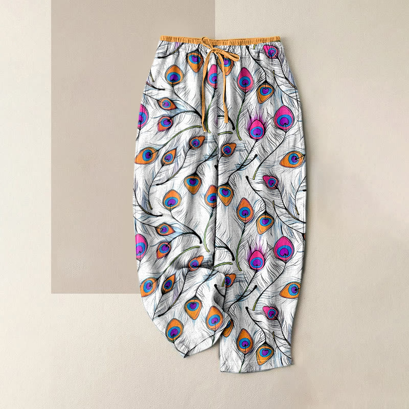 Nimara Ritual Pure Cotton Peacock Heart Pattern Women's Elastic Waist Pants With Pockets