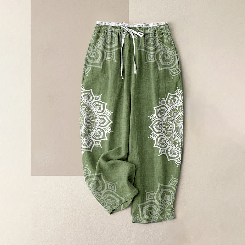 Nimara Ritual Pure Cotton Mandala Pattern Women's Elastic Waist Pants With Pockets