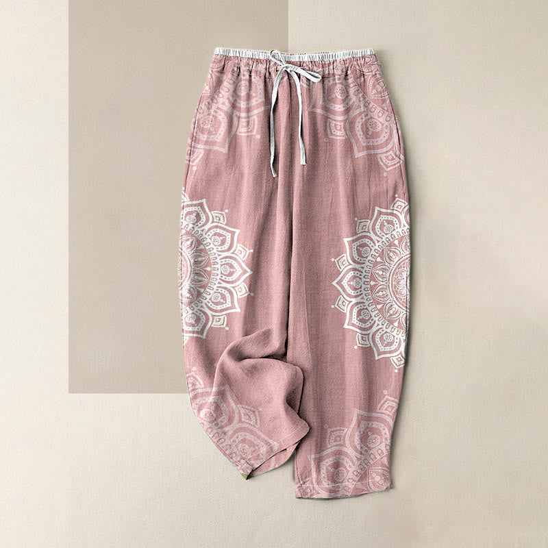 Nimara Ritual Pure Cotton Mandala Pattern Women's Elastic Waist Pants With Pockets