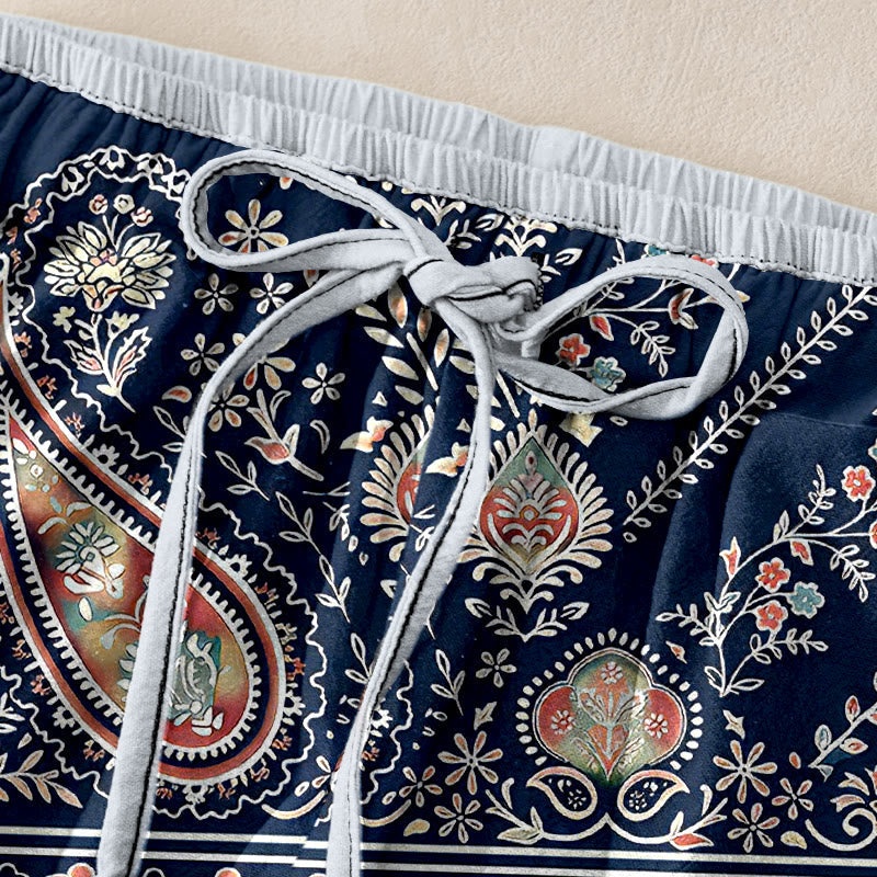 Nimara Ritual Pure Cotton Paisley Lotus Pattern Women's Elastic Waist Pants With Pockets