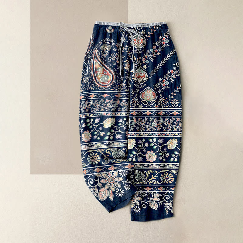 Nimara Ritual Pure Cotton Paisley Lotus Pattern Women's Elastic Waist Pants With Pockets