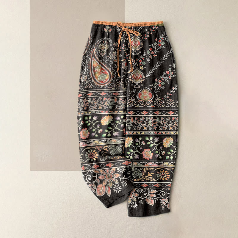Nimara Ritual Pure Cotton Paisley Lotus Pattern Women's Elastic Waist Pants With Pockets