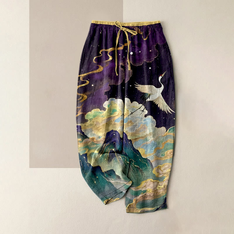 Nimara Ritual Pure Cotton Crane Cloud Mountain Pattern Women's Elastic Waist Pants With Pockets