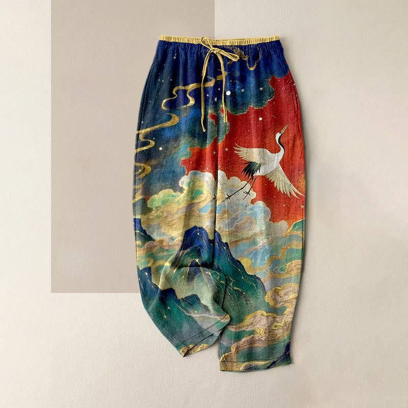 Nimara Ritual Pure Cotton Crane Cloud Mountain Pattern Women's Elastic Waist Pants With Pockets