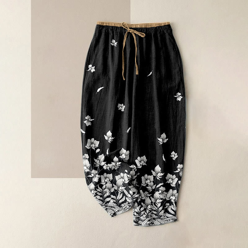Nimara Ritual Pure Cotton Flower Petal Pattern Women's Elastic Waist Pants With Pockets