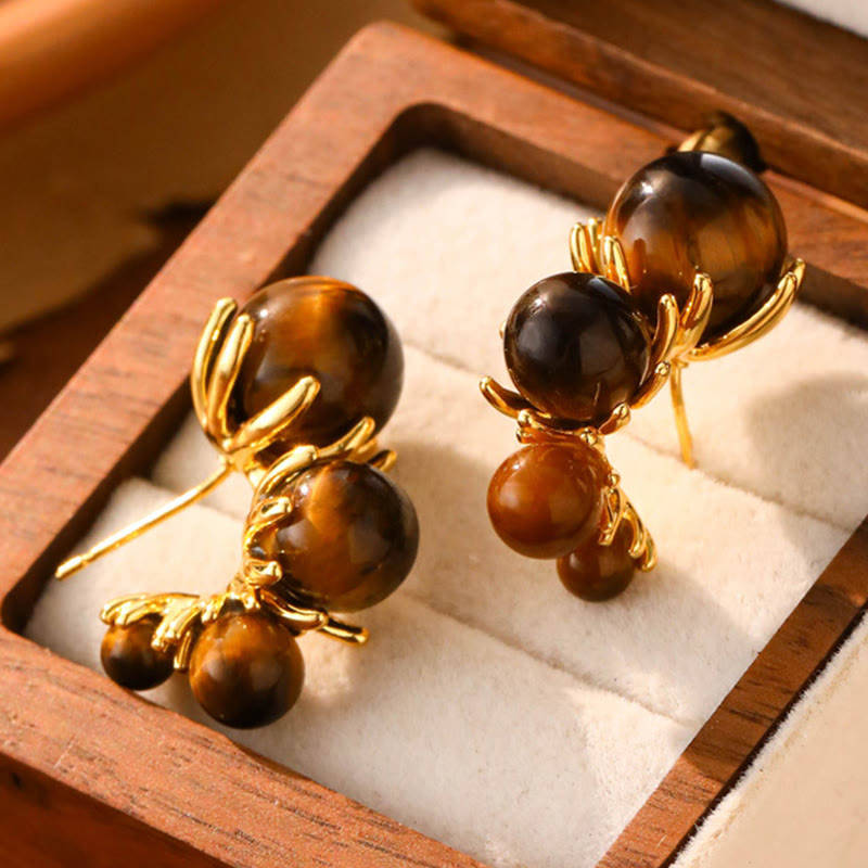 Nimara Ritual Tiger Eye Round Bead Fish Tail Irregular Design Protection Earrings