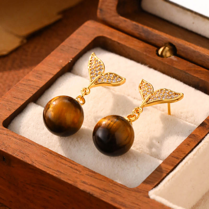 Nimara Ritual Tiger Eye Round Bead Fish Tail Irregular Design Protection Earrings