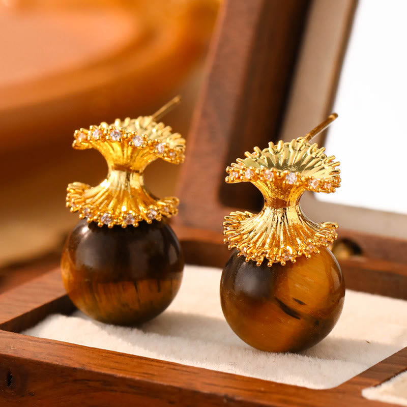 Nimara Ritual Tiger Eye Round Bead Fish Tail Irregular Design Protection Earrings