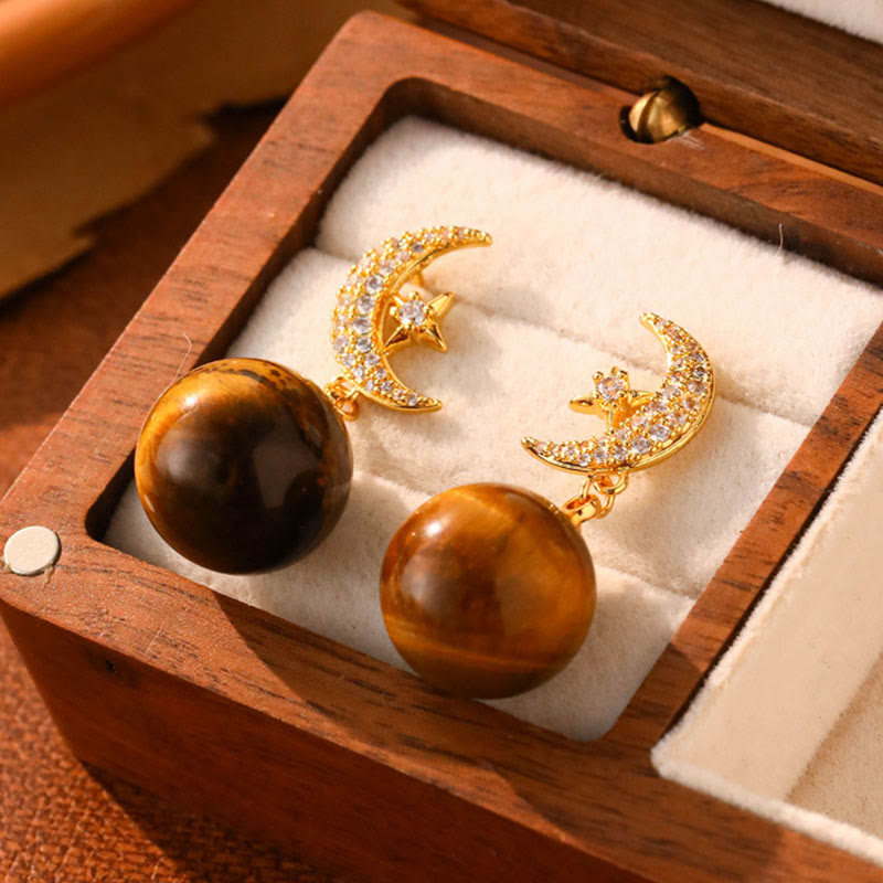 Nimara Ritual Tiger Eye Round Bead Fish Tail Irregular Design Protection Earrings