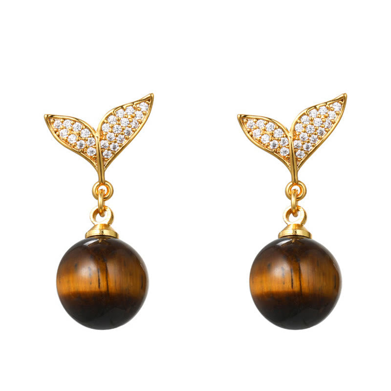 Nimara Ritual Tiger Eye Round Bead Fish Tail Irregular Design Protection Earrings