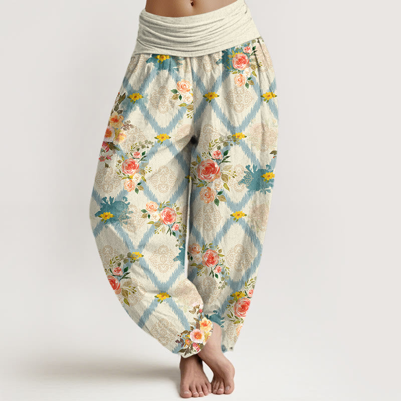 Nimara Ritual Cotton Rose Geometric Colorful Flower Pattern Women's Elastic Waist Harem Pants