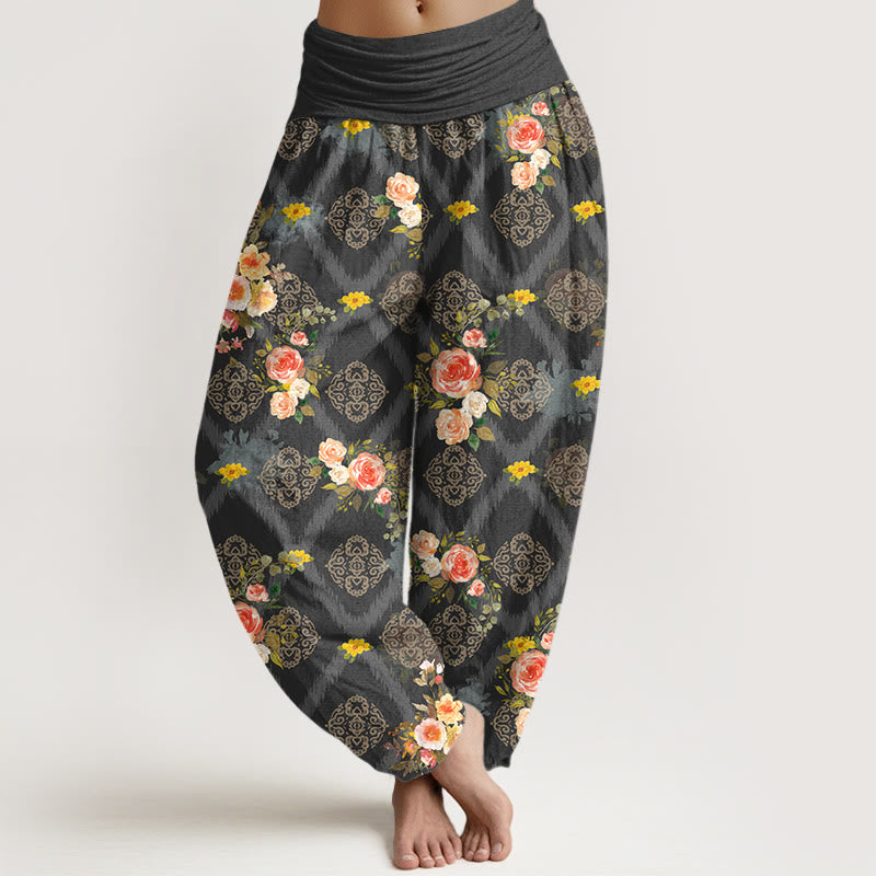 Nimara Ritual Cotton Rose Geometric Colorful Flower Pattern Women's Elastic Waist Harem Pants