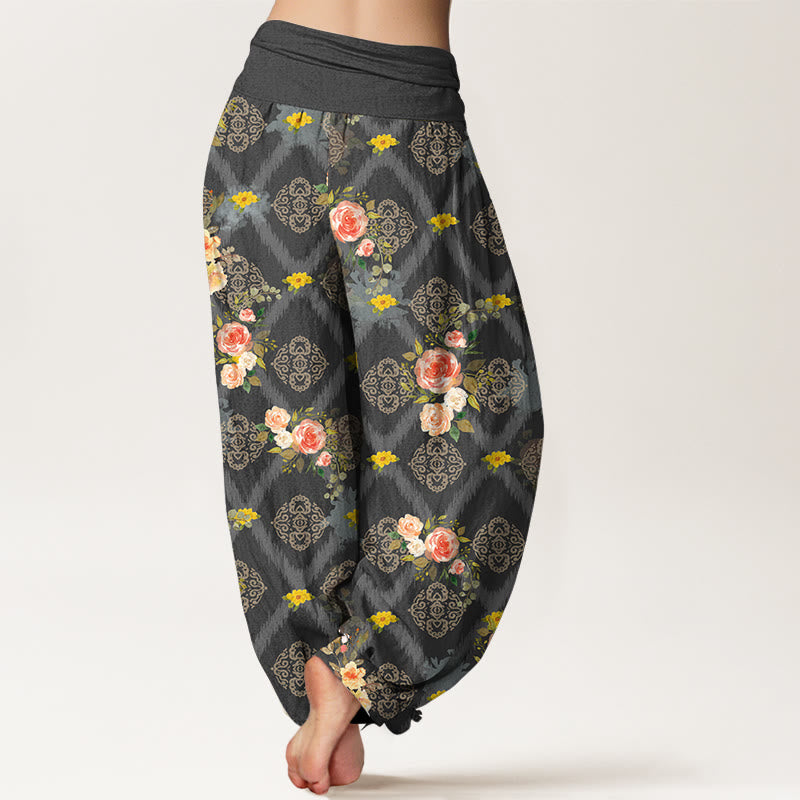 Nimara Ritual Cotton Rose Geometric Colorful Flower Pattern Women's Elastic Waist Harem Pants