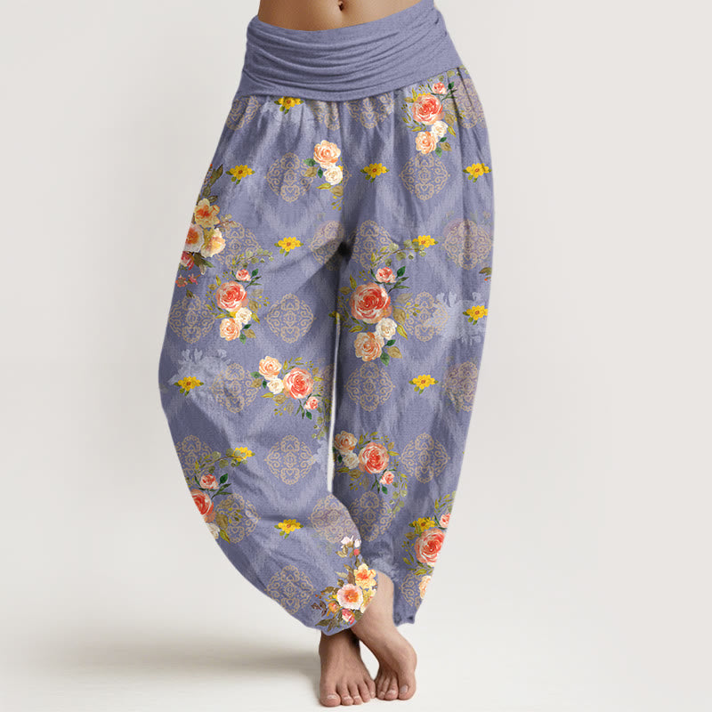 Nimara Ritual Cotton Rose Geometric Colorful Flower Pattern Women's Elastic Waist Harem Pants