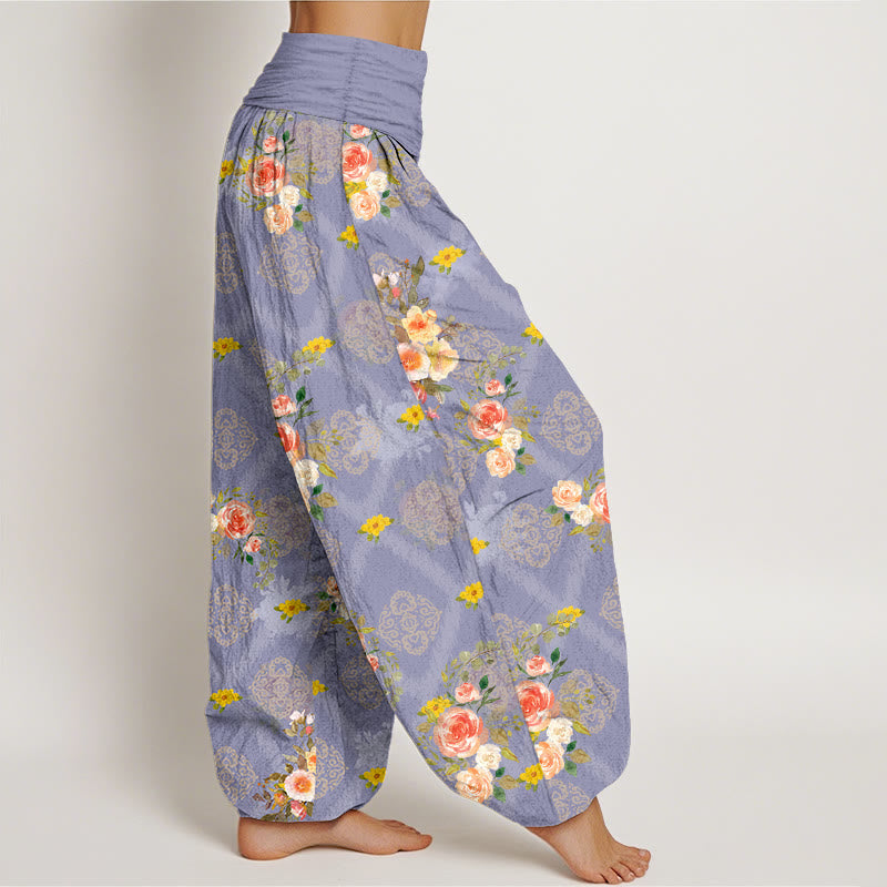 Nimara Ritual Cotton Rose Geometric Colorful Flower Pattern Women's Elastic Waist Harem Pants