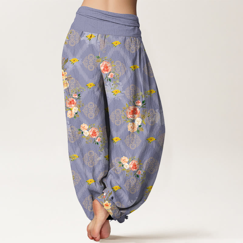 Nimara Ritual Cotton Rose Geometric Colorful Flower Pattern Women's Elastic Waist Harem Pants