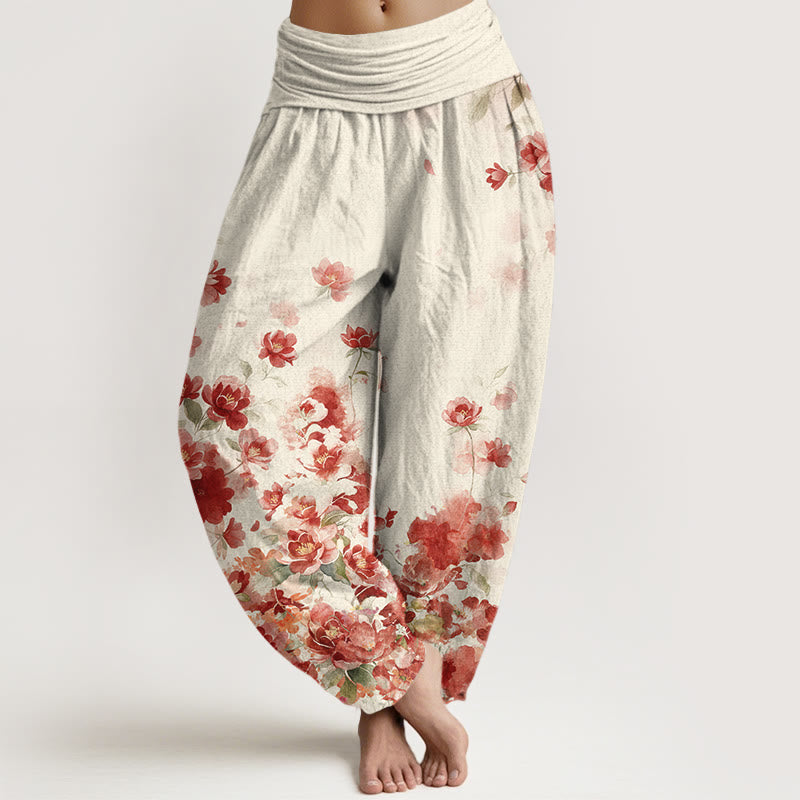 Nimara Ritual Cotton Camellia Peony Blossom Pattern Women's Elastic Waist Harem Pants