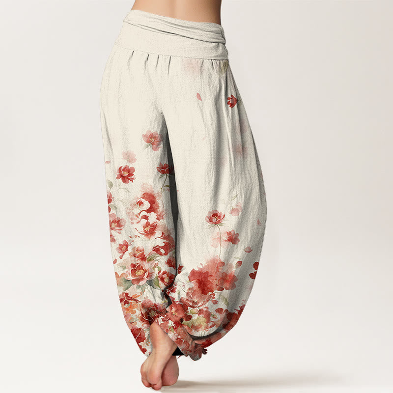 Nimara Ritual Cotton Camellia Peony Blossom Pattern Women's Elastic Waist Harem Pants