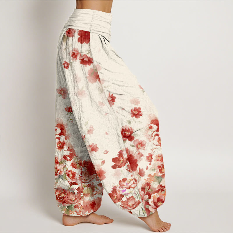 Nimara Ritual Cotton Camellia Peony Blossom Pattern Women's Elastic Waist Harem Pants