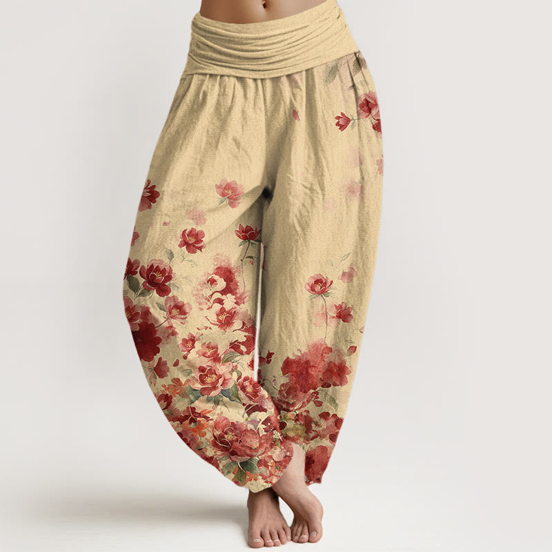 Nimara Ritual Cotton Camellia Peony Blossom Pattern Women's Elastic Waist Harem Pants