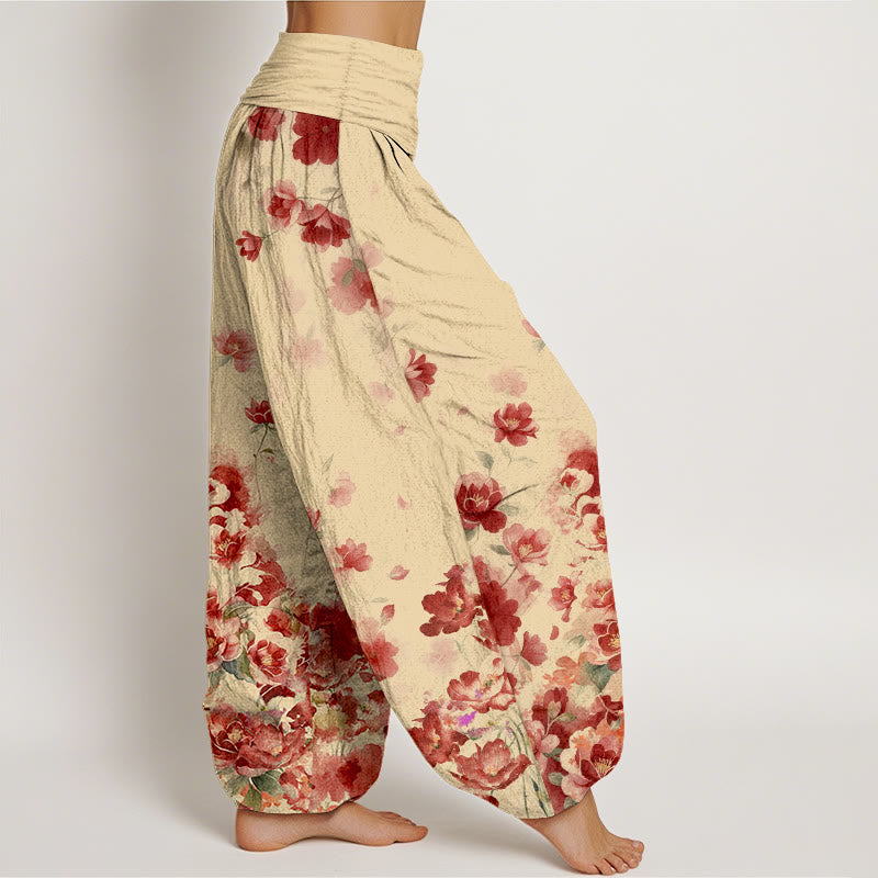 Nimara Ritual Cotton Camellia Peony Blossom Pattern Women's Elastic Waist Harem Pants