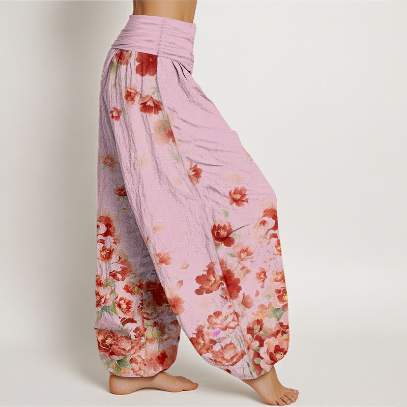 Nimara Ritual Cotton Camellia Peony Blossom Pattern Women's Elastic Waist Harem Pants
