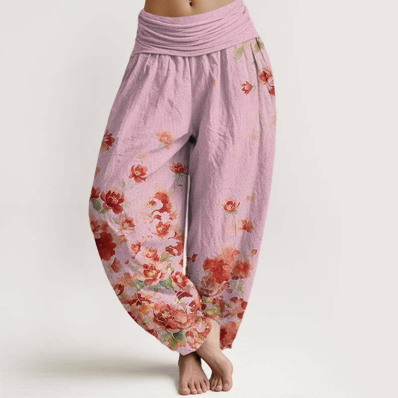 Nimara Ritual Cotton Camellia Peony Blossom Pattern Women's Elastic Waist Harem Pants