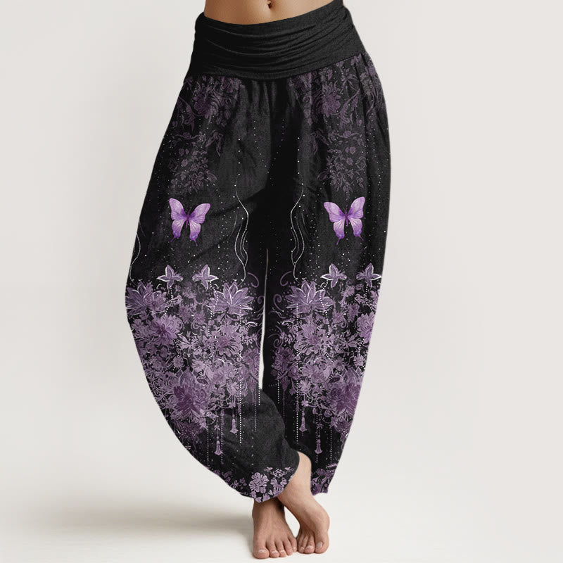 Nimara Ritual Cotton Butterfly Floral Pattern Women's Elastic Waist Harem Pants